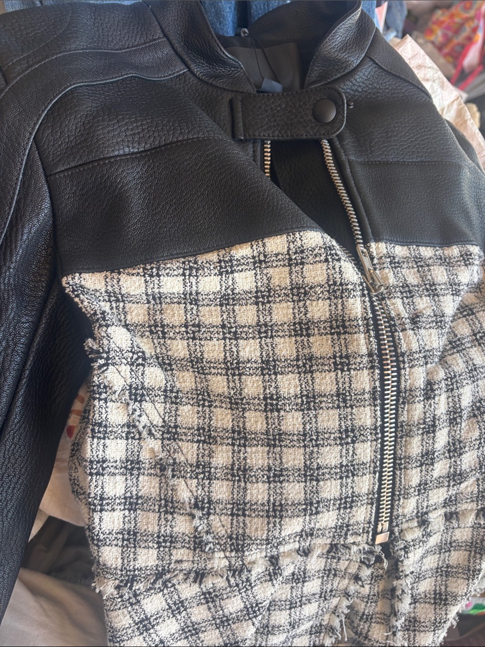 ❤️… Alexander Wang Black Leather & Cream Plaid Moto Jacket